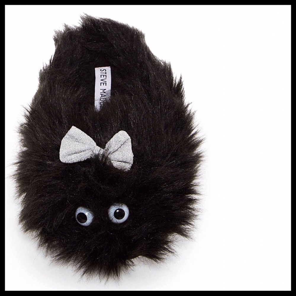 STEVE MADDEN COZY PLUSH BLACK WINTER SLIPPERS FAUX FUR METALLIC SILVER BOWS - Picture 5 of 7